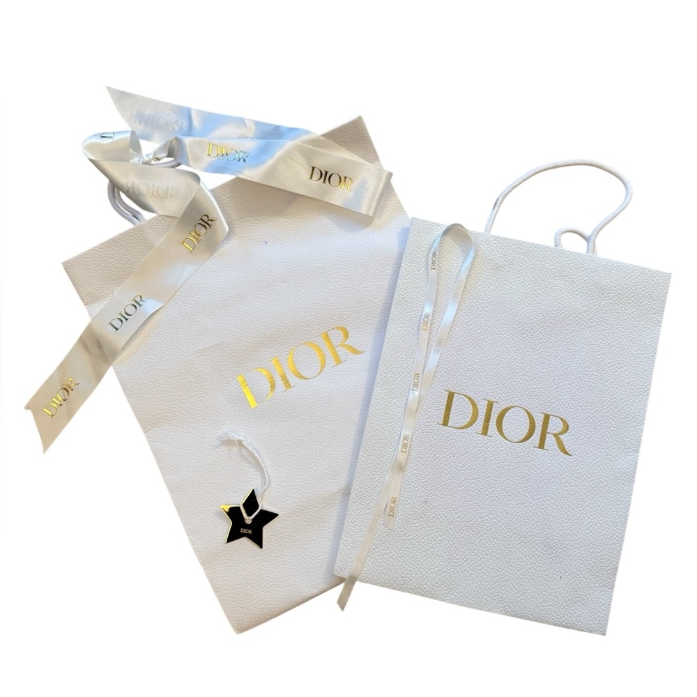 Dior White and Gold Gift Bags w/ ribbon & Gold Metal Dior Star